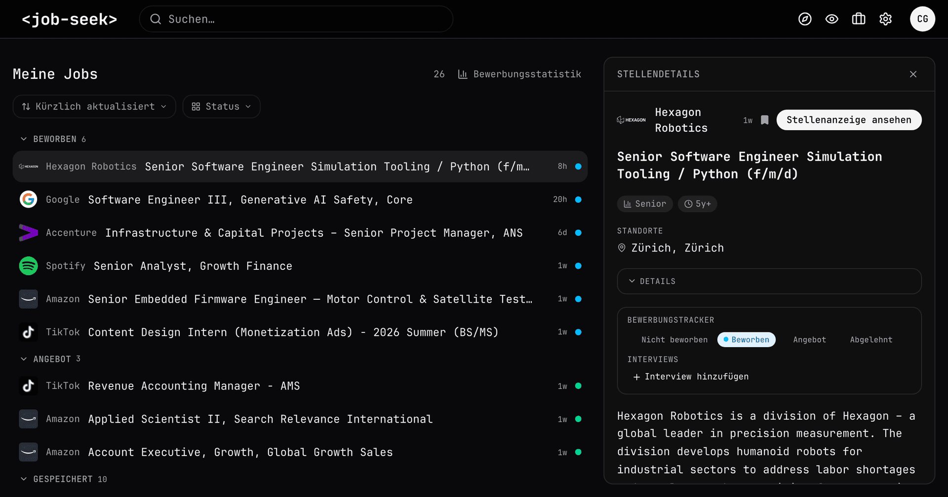 Job Seek Bewerbungs-Tracker mit gespeicherten Stellen und Interview-Details