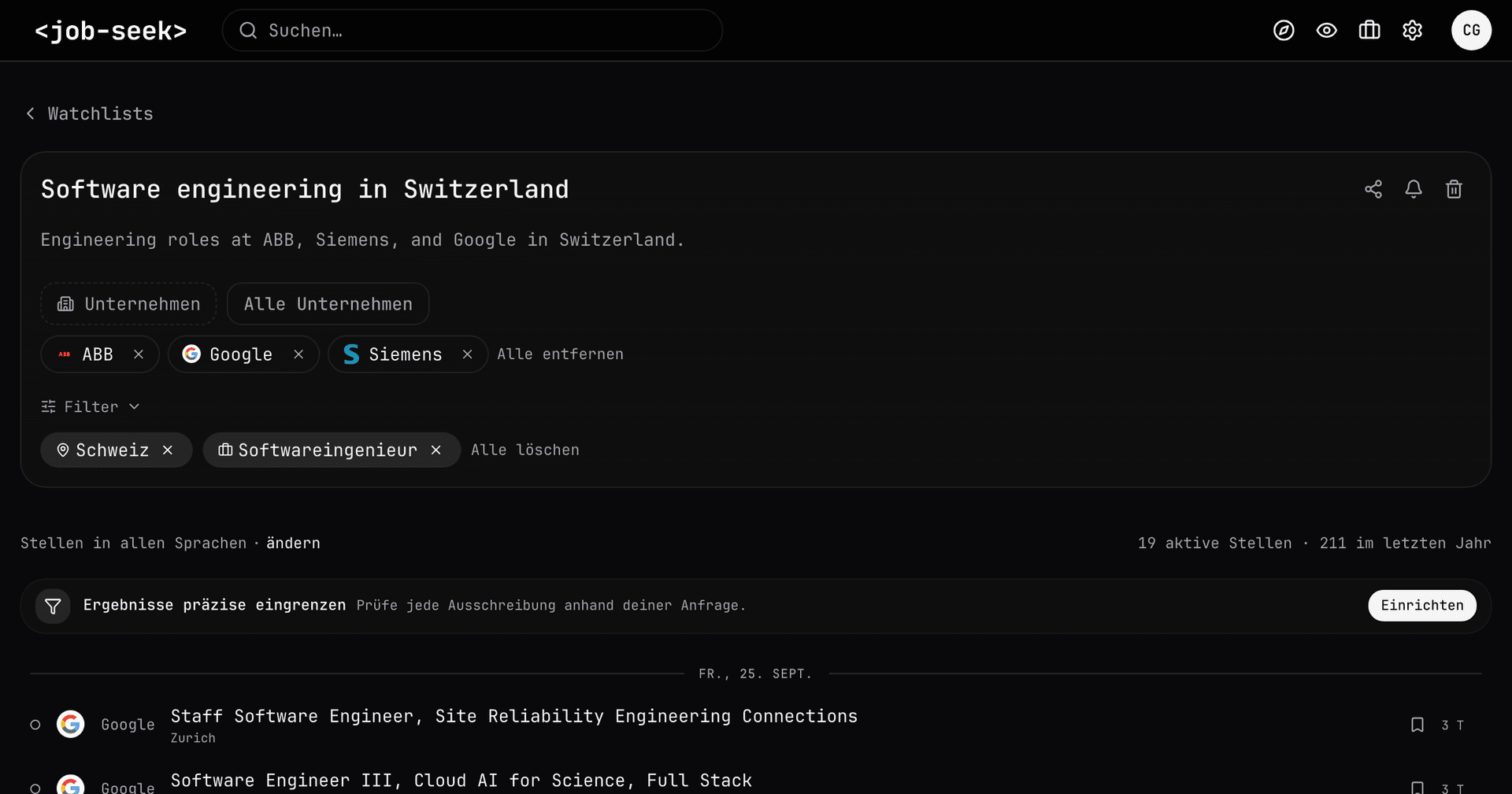 Job Seek Watchlist mit kuratierten Robotik-Ingenieurstellen in Zürich