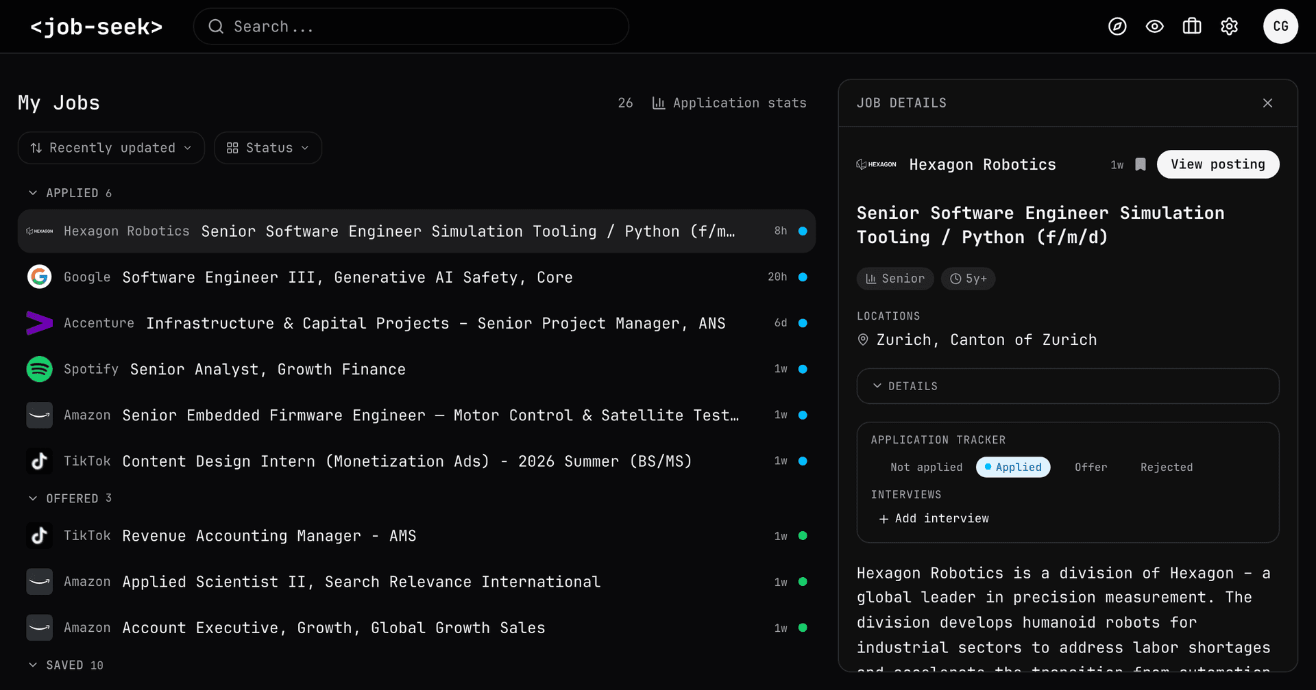 Job Seek application tracker showing saved jobs and interview details