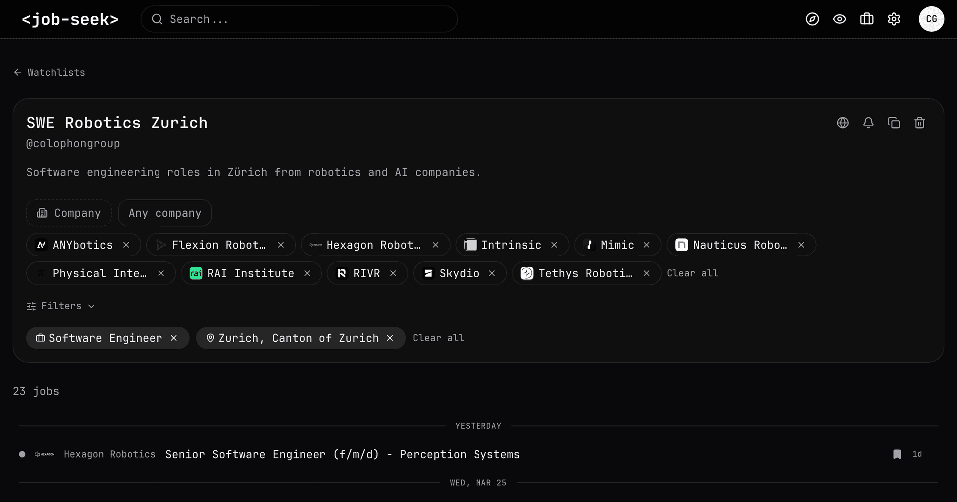 Job Seek watchlist showing curated robotics engineering roles in Zurich