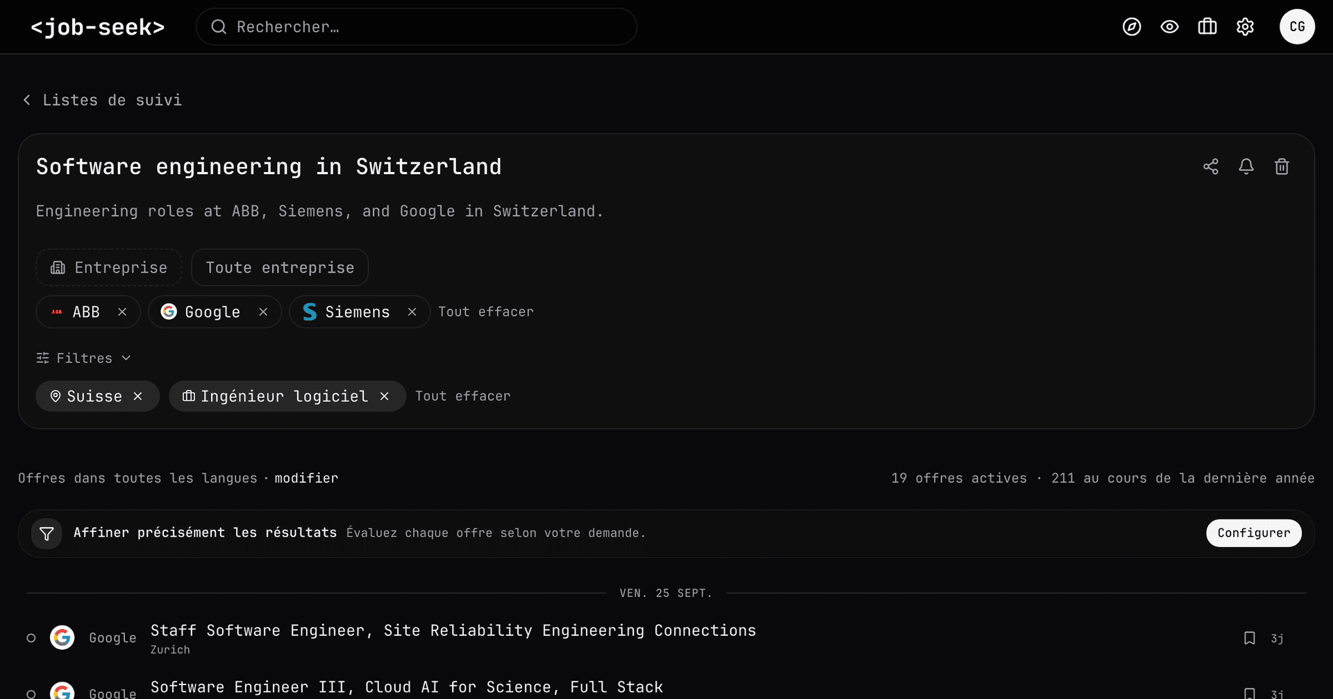 Liste de suivi Job Seek montrant des postes sélectionnés en ingénierie robotique à Zurich