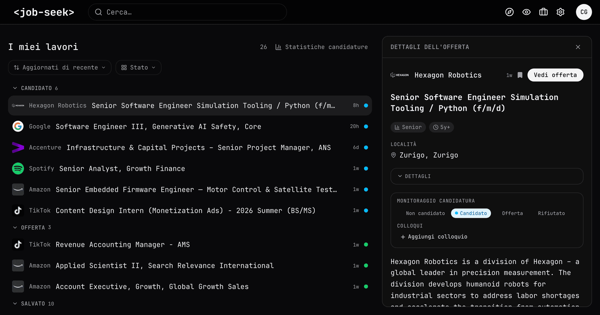 Tracker delle candidature Job Seek che mostra le offerte salvate e i dettagli dei colloqui