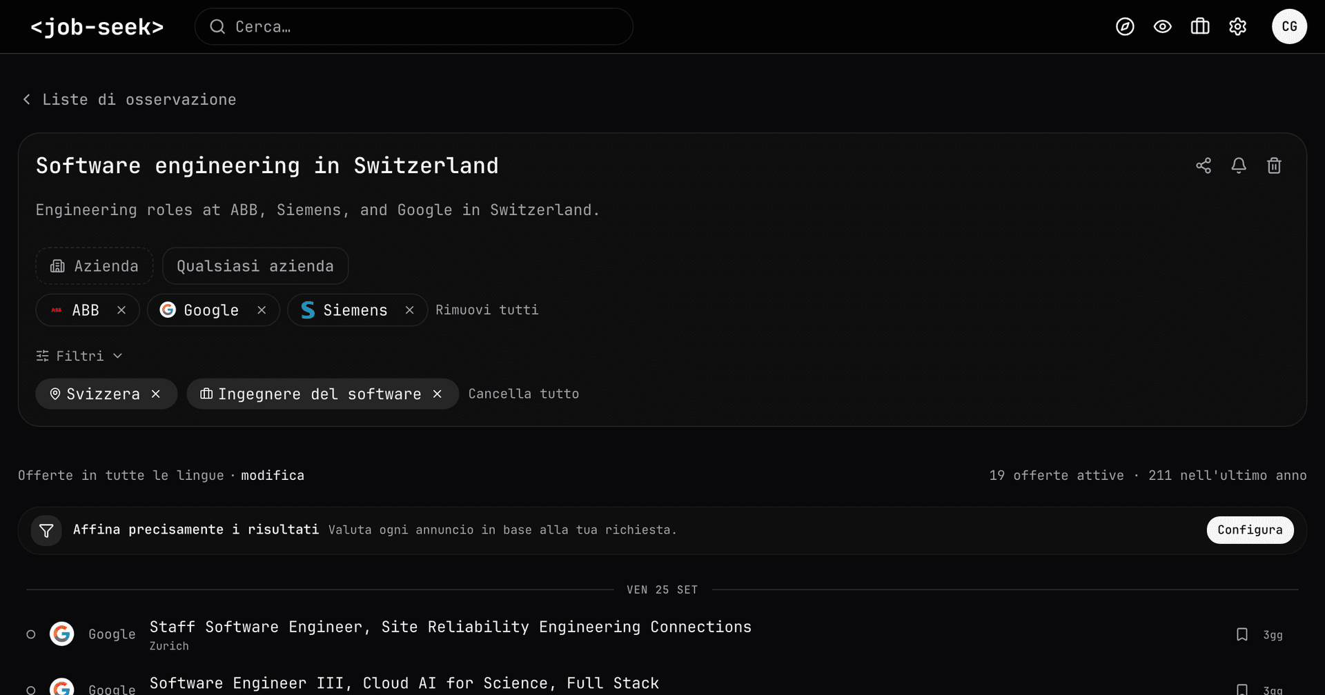 Watchlist di Job Seek con posizioni selezionate in ingegneria robotica a Zurigo