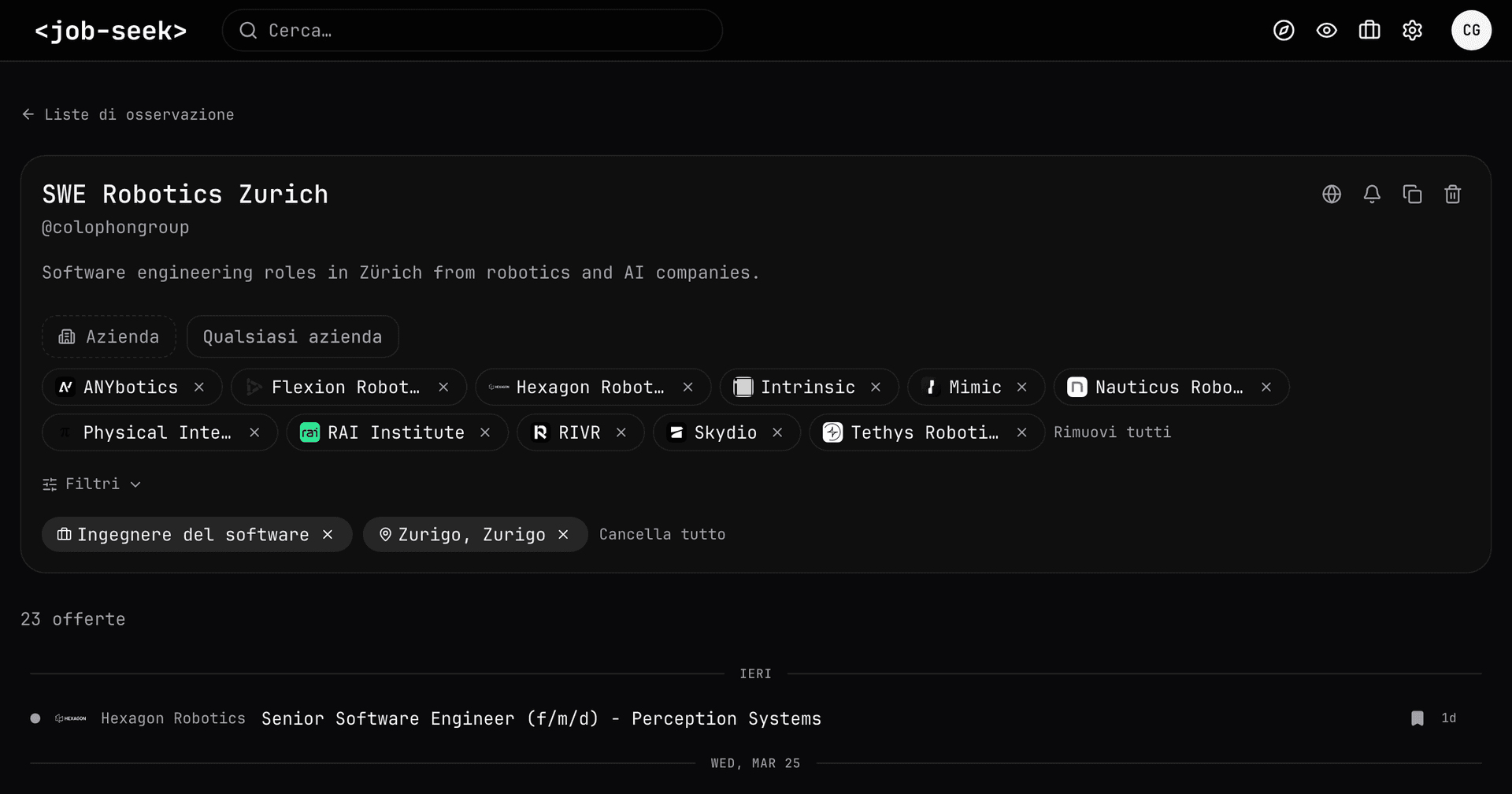 Watchlist di Job Seek con posizioni selezionate in ingegneria robotica a Zurigo